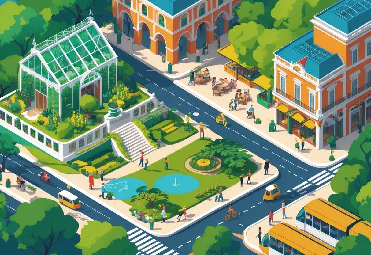 Ilustração mostrando pontos turísticos e atividades em Curitiba, com pessoas caminhando, ciclistas, edifícios históricos, natureza e transporte público.