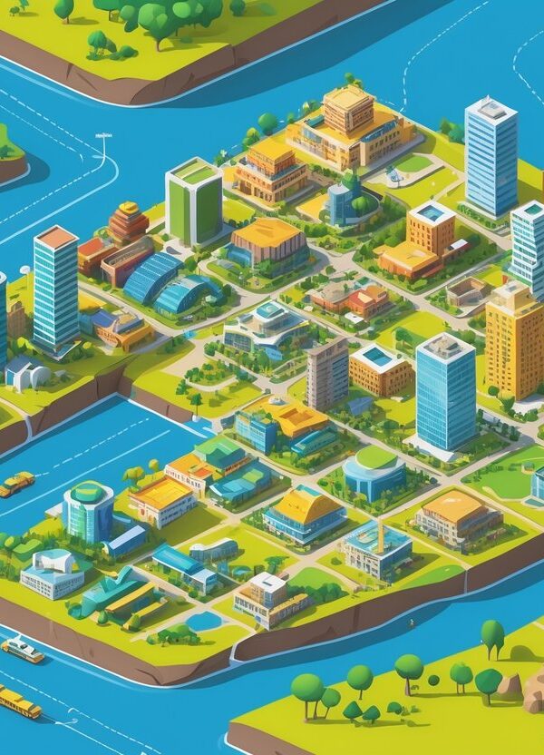 Ilustração mostrando um mapa com várias cidades próximas a Belo Horizonte, incluindo prédios, parques, rios e estradas que conectam as cidades.