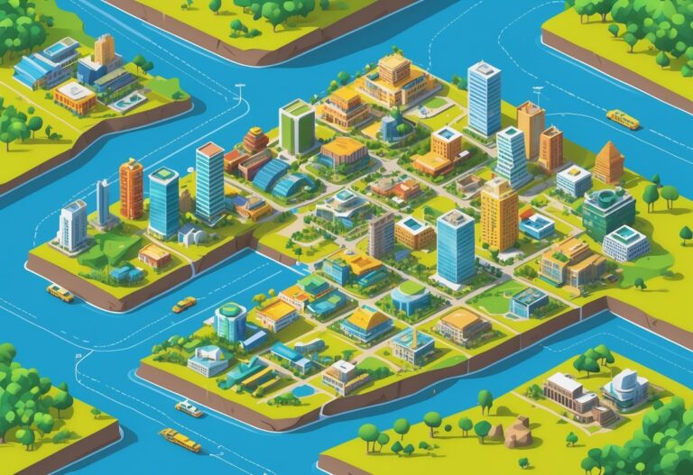 Ilustração mostrando um mapa com várias cidades próximas a Belo Horizonte, incluindo prédios, parques, rios e estradas que conectam as cidades.