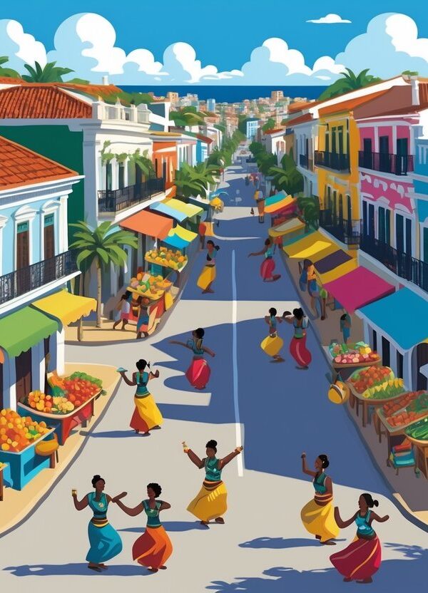 Cena vibrante de Salvador, Bahia, com prédios coloridos, mercado de rua, pessoas dançando samba e capoeira, palmeiras e músicos tocando instrumentos tradicionais.