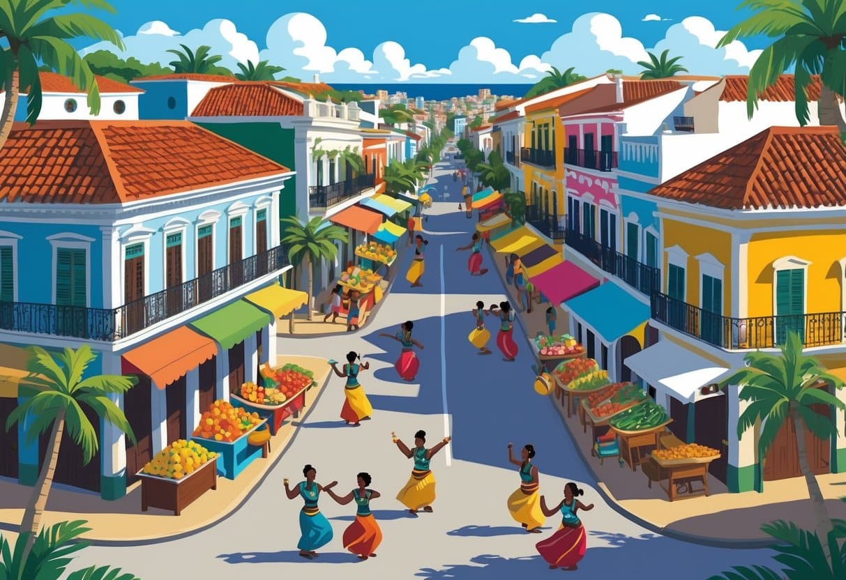 Cena vibrante de Salvador, Bahia, com prédios coloridos, mercado de rua, pessoas dançando samba e capoeira, palmeiras e músicos tocando instrumentos tradicionais.
