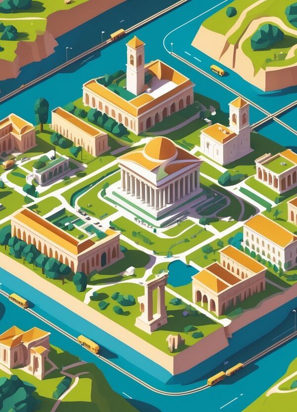 Mapa ilustrado mostrando várias cidades próximas a Roma, com edifícios históricos, estradas e áreas verdes conectando as localidades.