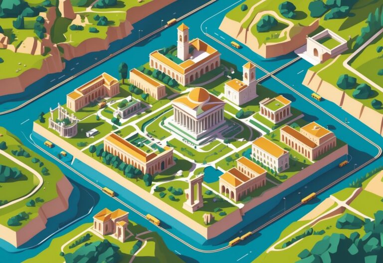Mapa ilustrado mostrando várias cidades próximas a Roma, com edifícios históricos, estradas e áreas verdes conectando as localidades.