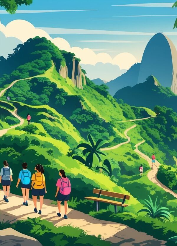 Trilha da Urca com vegetação tropical, montanhas, pessoas caminhando pela trilha e vista do Pão de Açúcar ao fundo.