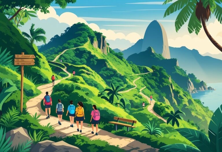 Trilha da Urca com vegetação tropical, montanhas, pessoas caminhando pela trilha e vista do Pão de Açúcar ao fundo.