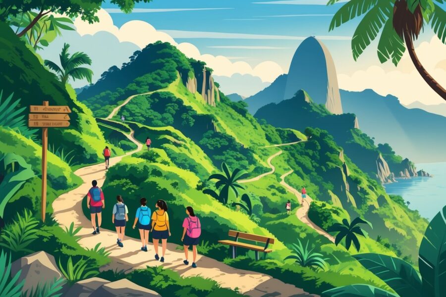 Trilha da Urca com vegetação tropical, montanhas, pessoas caminhando pela trilha e vista do Pão de Açúcar ao fundo.