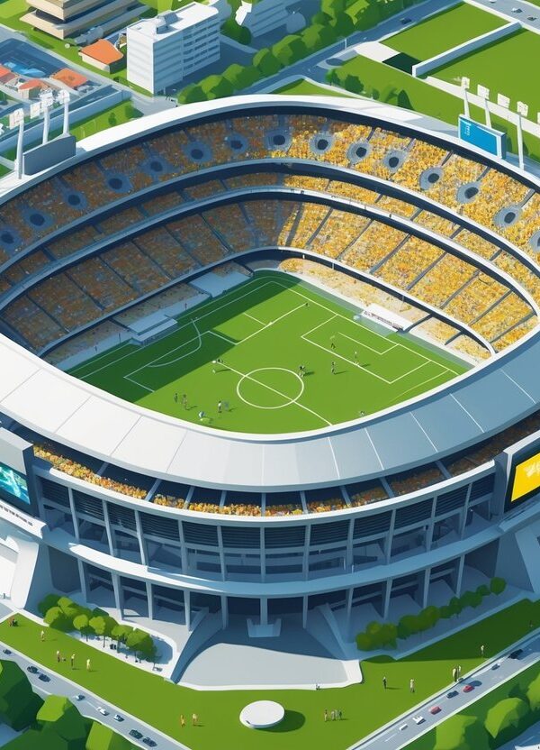 Ilustração de um enorme estádio de futebol cheio de espectadores, cercado por campos verdes e prédios urbanos.
