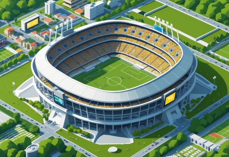 Ilustração de um enorme estádio de futebol cheio de espectadores, cercado por campos verdes e prédios urbanos.