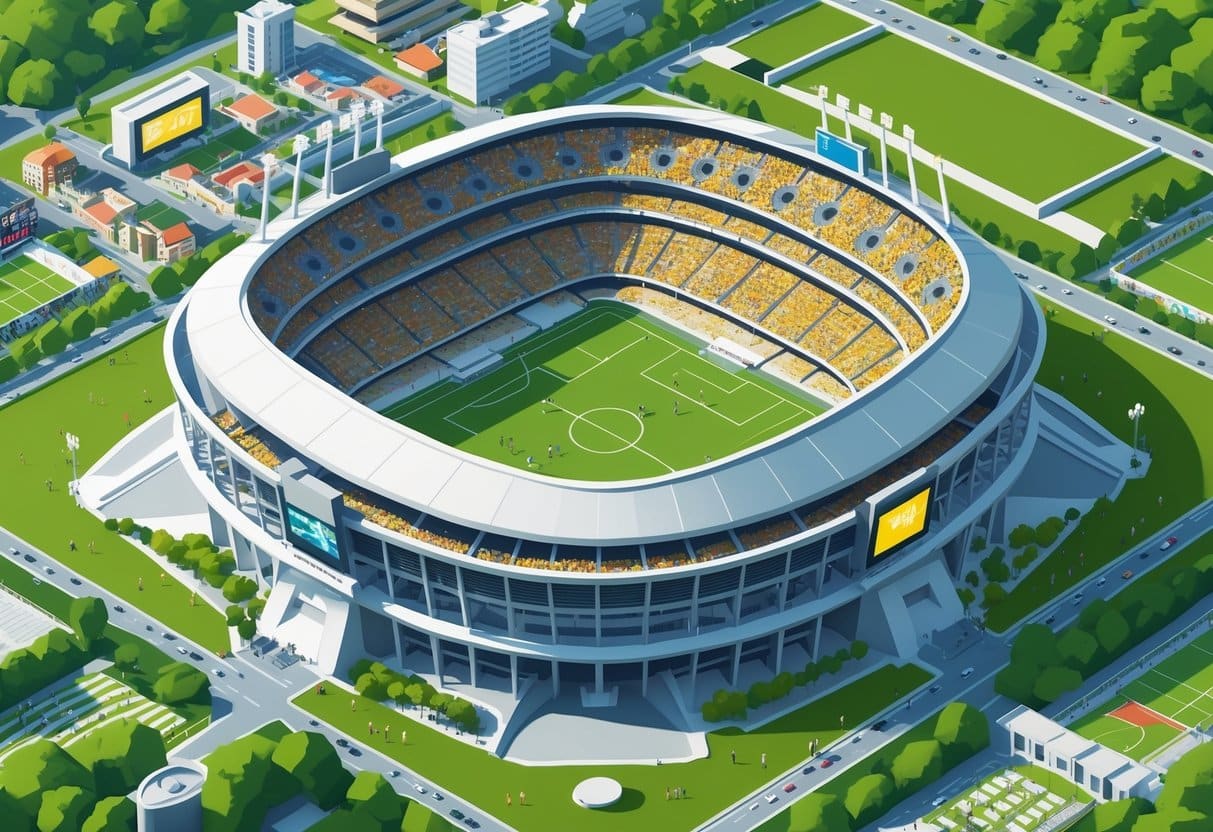 Ilustração de um enorme estádio de futebol cheio de espectadores, cercado por campos verdes e prédios urbanos.