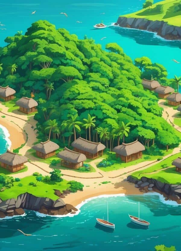 Ilha tropical com árvores verdes, praias de areia, pequenas casas e barcos próximos à costa.