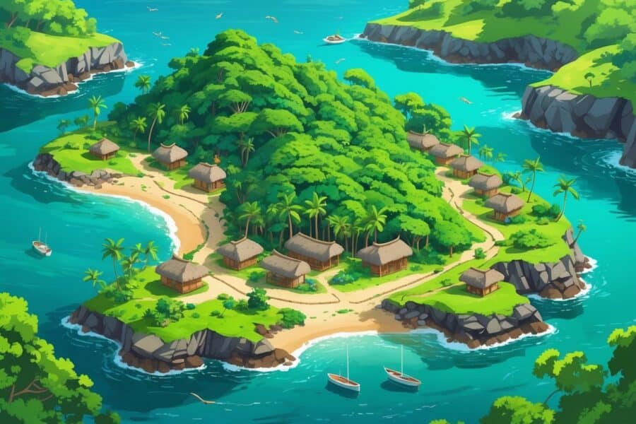 Ilha tropical com árvores verdes, praias de areia, pequenas casas e barcos próximos à costa.