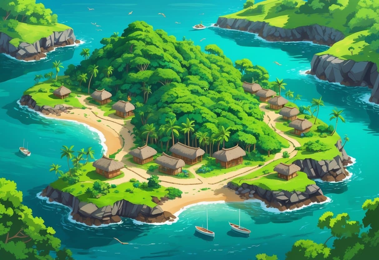 Ilha tropical com árvores verdes, praias de areia, pequenas casas e barcos próximos à costa.
