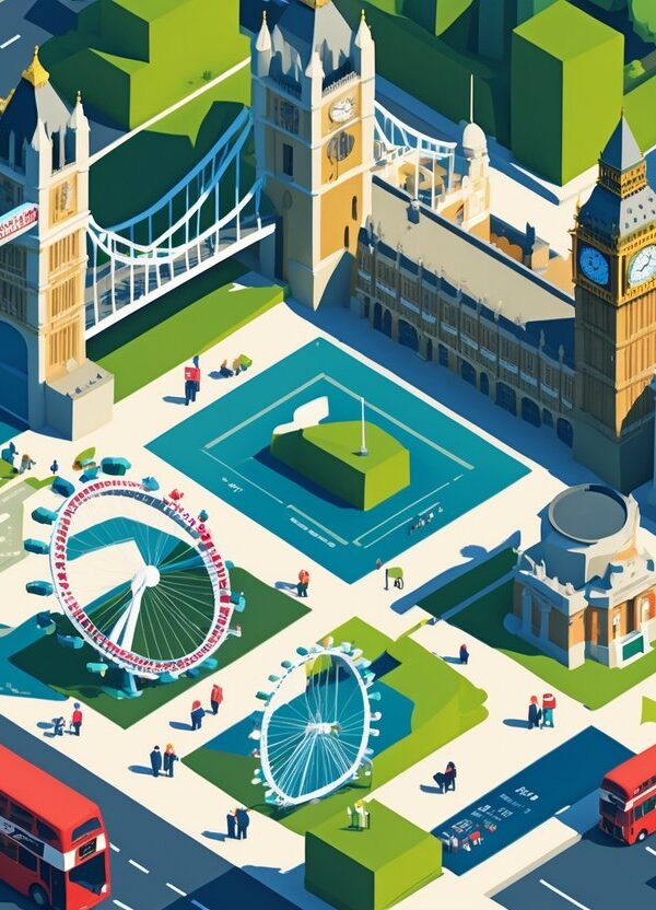 Ilustração mostrando pontos turísticos famosos de Londres organizados para um roteiro de cinco dias, com ônibus vermelhos, cabines telefônicas e turistas visitando os locais.