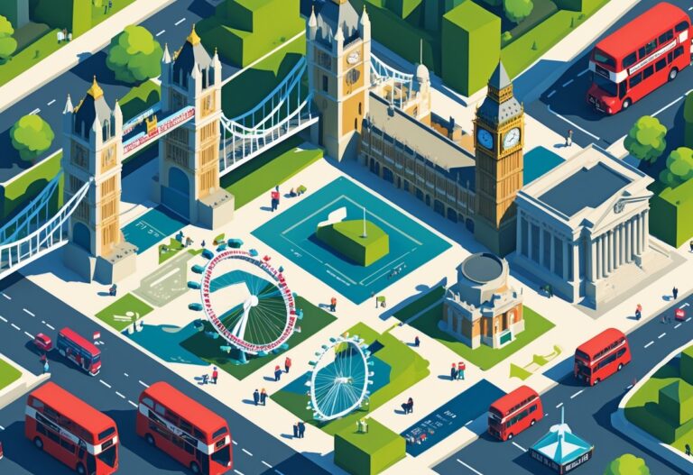 Ilustração mostrando pontos turísticos famosos de Londres organizados para um roteiro de cinco dias, com ônibus vermelhos, cabines telefônicas e turistas visitando os locais.