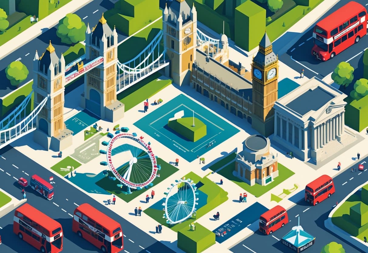 Ilustração mostrando pontos turísticos famosos de Londres organizados para um roteiro de cinco dias, com ônibus vermelhos, cabines telefônicas e turistas visitando os locais.