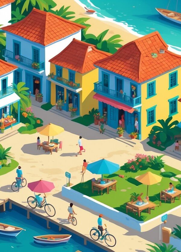Ilustração mostrando casas coloridas, praias com pessoas, barcos, mercado local, café ao ar livre e áreas verdes em uma ilha tropical.