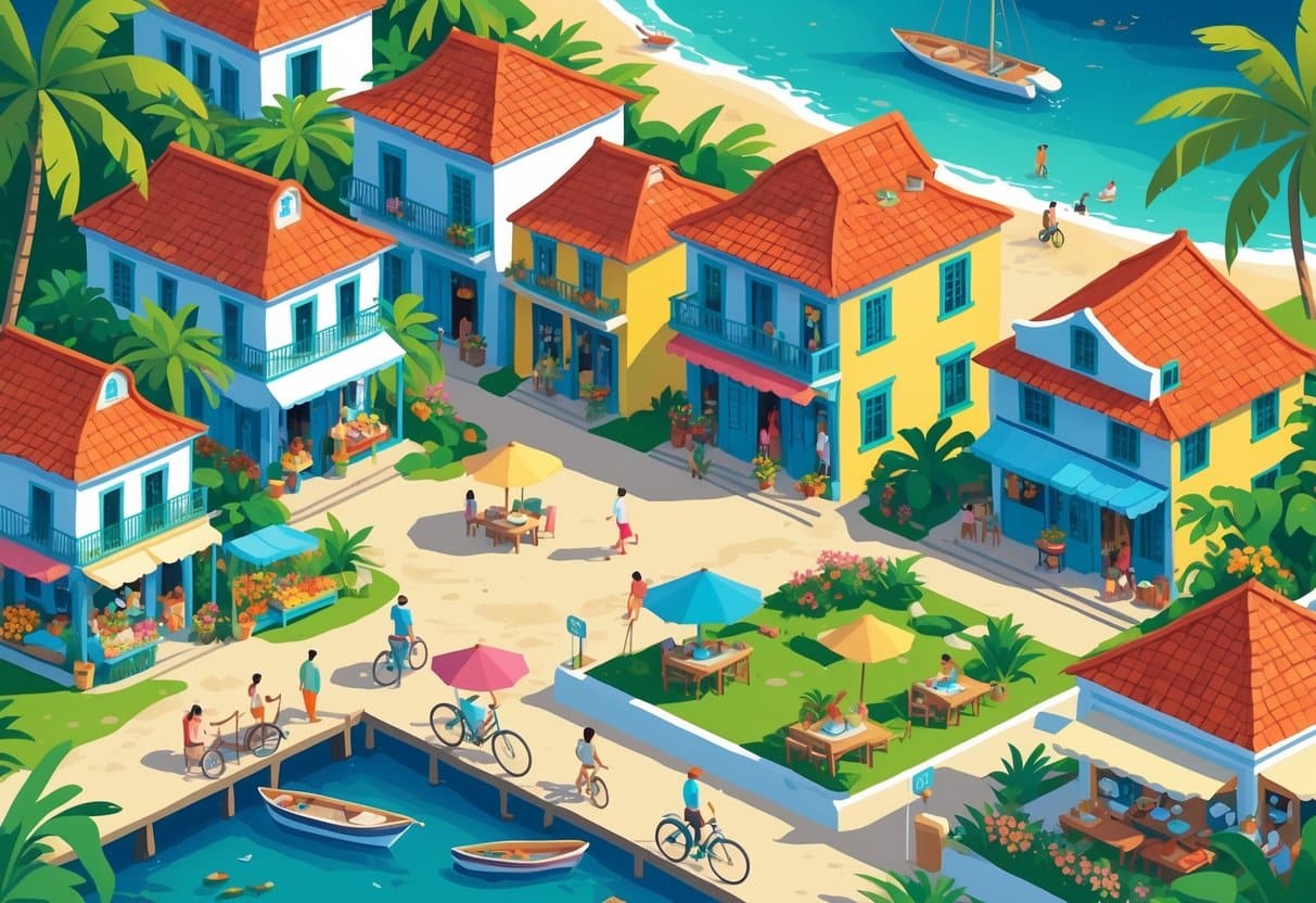 Ilustração mostrando casas coloridas, praias com pessoas, barcos, mercado local, café ao ar livre e áreas verdes em uma ilha tropical.