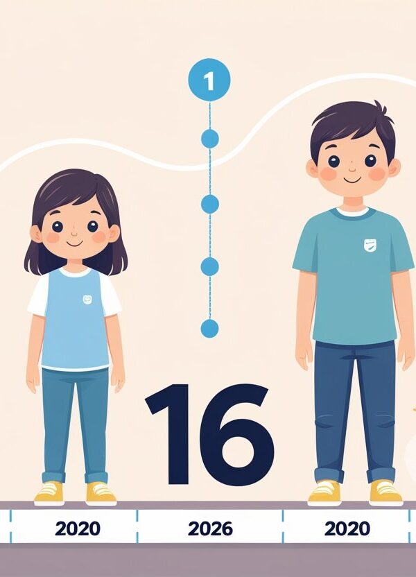 Ilustração mostrando uma criança nascida em 2010 e a mesma pessoa com 16 anos em 2026, com uma linha do tempo entre os anos.
