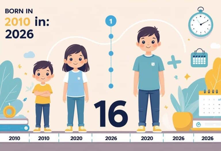 Ilustração mostrando uma criança nascida em 2010 e a mesma pessoa com 16 anos em 2026, com uma linha do tempo entre os anos.