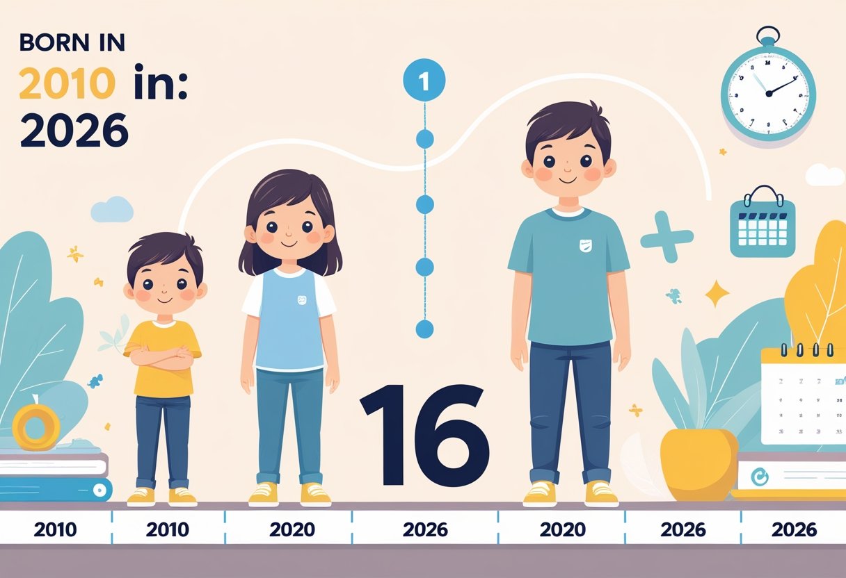 Ilustração mostrando uma criança nascida em 2010 e a mesma pessoa com 16 anos em 2026, com uma linha do tempo entre os anos.