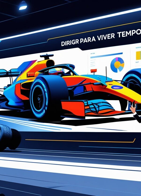 Apresentador em estúdio moderno mostrando uma tela digital com um carro de Fórmula 1 em alta velocidade em uma pista, com elementos gráficos de análise de corrida ao redor.