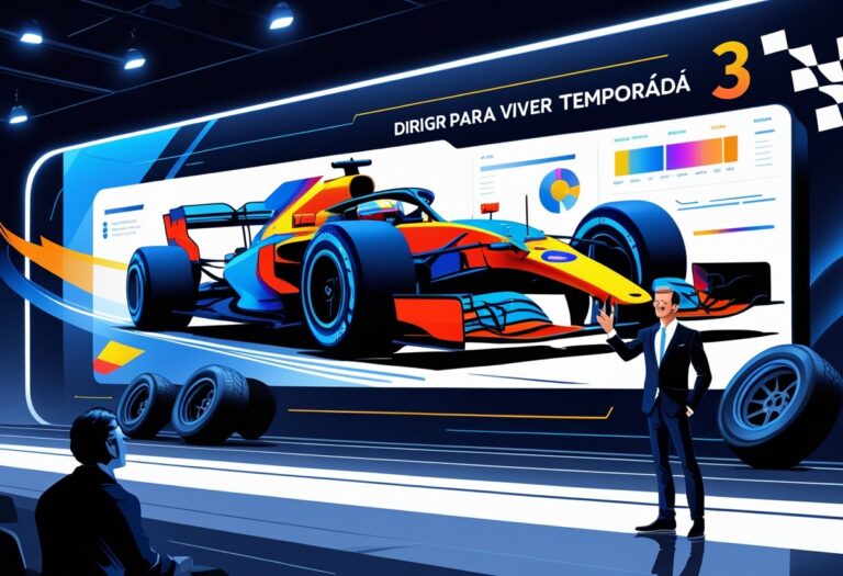 Apresentador em estúdio moderno mostrando uma tela digital com um carro de Fórmula 1 em alta velocidade em uma pista, com elementos gráficos de análise de corrida ao redor.