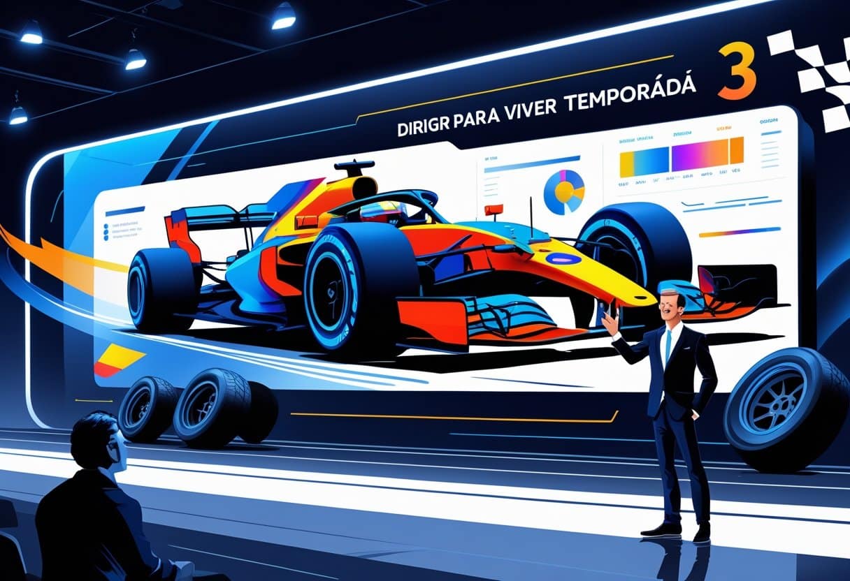 Apresentador em estúdio moderno mostrando uma tela digital com um carro de Fórmula 1 em alta velocidade em uma pista, com elementos gráficos de análise de corrida ao redor.