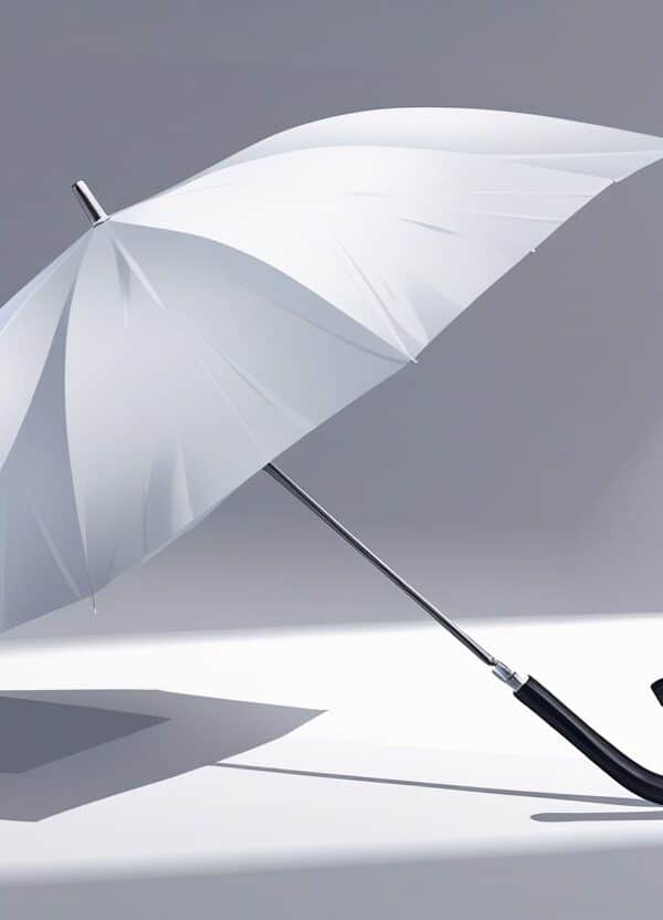 Ilustração de um guarda-chuva moderno parcialmente aberto com cabo curvado em um fundo neutro.