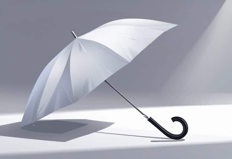 Ilustração de um guarda-chuva moderno parcialmente aberto com cabo curvado em um fundo neutro.