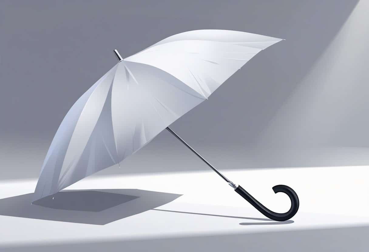 Ilustração de um guarda-chuva moderno parcialmente aberto com cabo curvado em um fundo neutro.