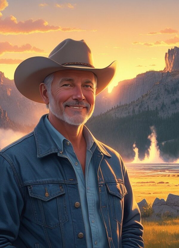 John Prine em pé em uma paisagem de Yellowstone com montanhas, florestas, gêiseres e animais ao fundo durante o pôr do sol.