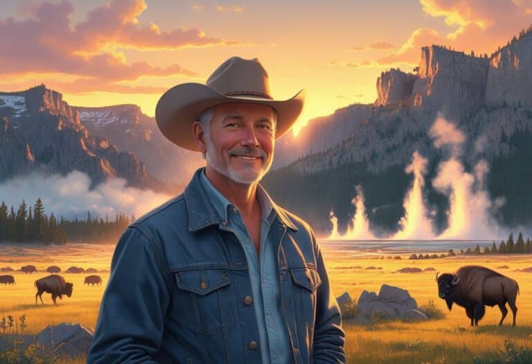 John Prine em pé em uma paisagem de Yellowstone com montanhas, florestas, gêiseres e animais ao fundo durante o pôr do sol.