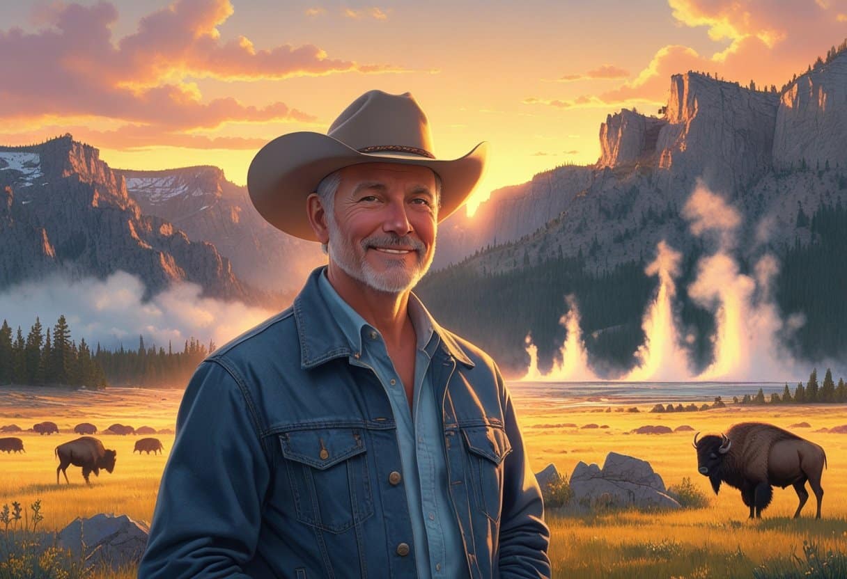 John Prine em pé em uma paisagem de Yellowstone com montanhas, florestas, gêiseres e animais ao fundo durante o pôr do sol.