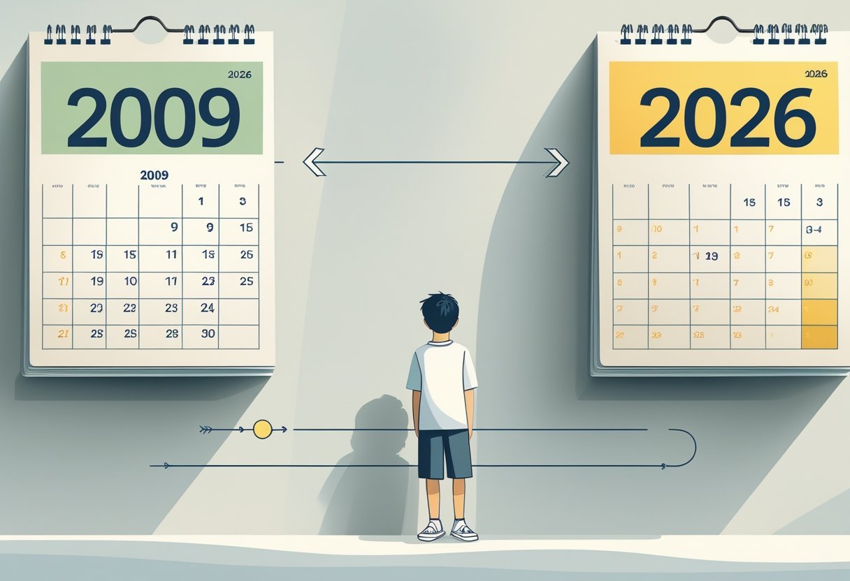 Calendários mostrando os anos 2009 e 2026 com uma pessoa crescendo entre eles, representando o cálculo da idade.