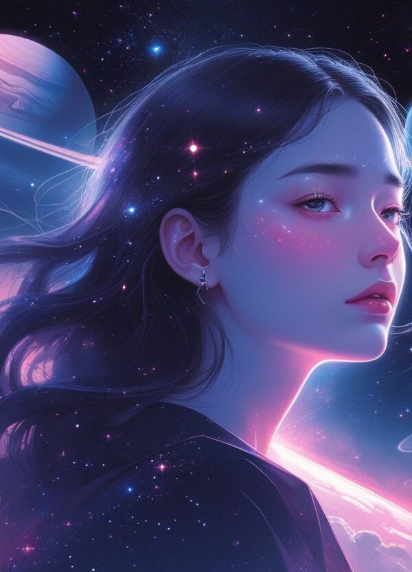 Uma jovem mulher chamada Mia em um ambiente cósmico com estrelas e o planeta Vênus ao fundo, transmitindo uma sensação de despedida e conexão com o espaço.