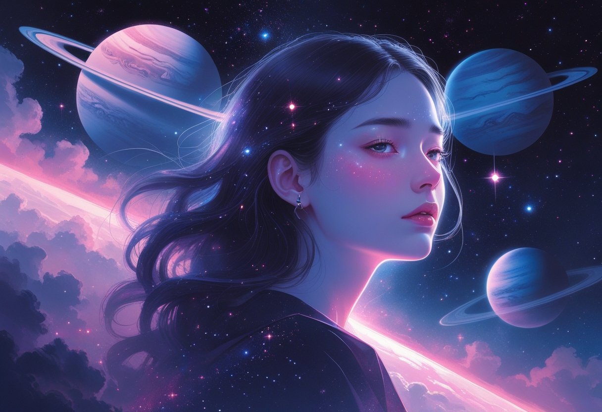 Uma jovem mulher chamada Mia em um ambiente cósmico com estrelas e o planeta Vênus ao fundo, transmitindo uma sensação de despedida e conexão com o espaço.