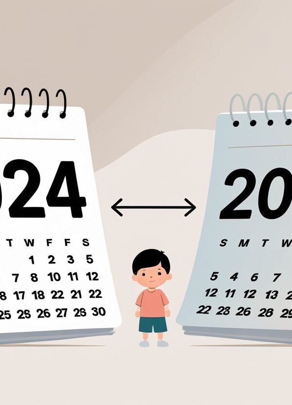 Ilustração mostrando um calendário com o ano 2024, uma criança pequena representando um bebê, e outro calendário com o ano 2026, indicando a passagem do tempo e o crescimento da criança.
