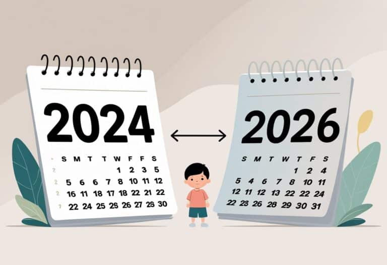 Ilustração mostrando um calendário com o ano 2024, uma criança pequena representando um bebê, e outro calendário com o ano 2026, indicando a passagem do tempo e o crescimento da criança.