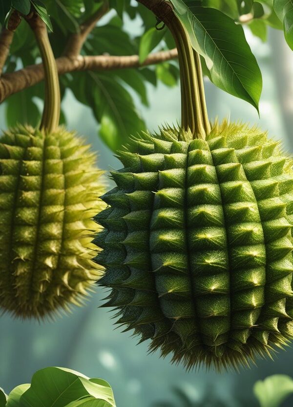 Ilustração de um jaca pendurada em um galho com folhas verdes ao redor e fundo de floresta tropical desfocado.