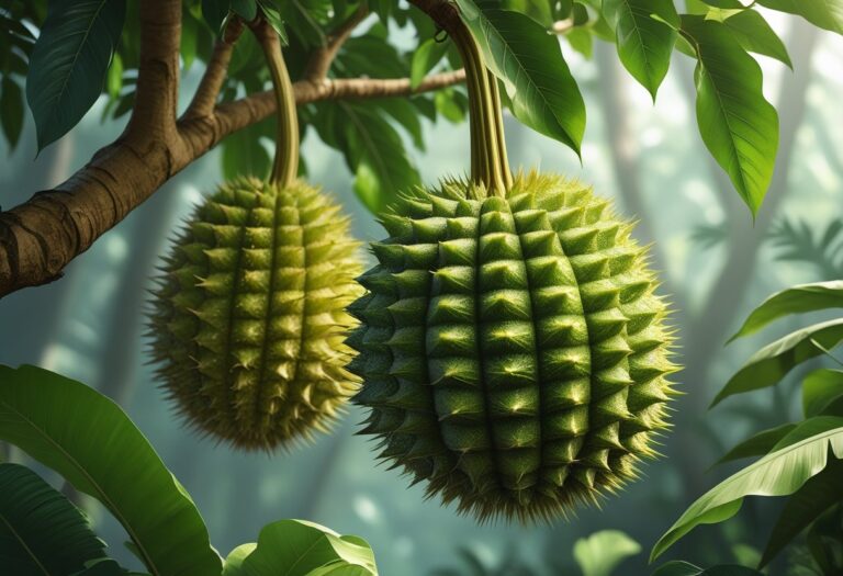 Ilustração de um jaca pendurada em um galho com folhas verdes ao redor e fundo de floresta tropical desfocado.