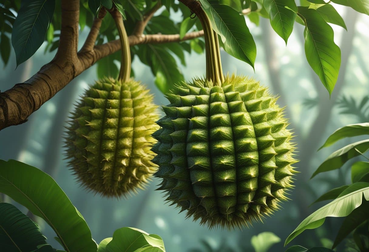 Ilustração de um jaca pendurada em um galho com folhas verdes ao redor e fundo de floresta tropical desfocado.