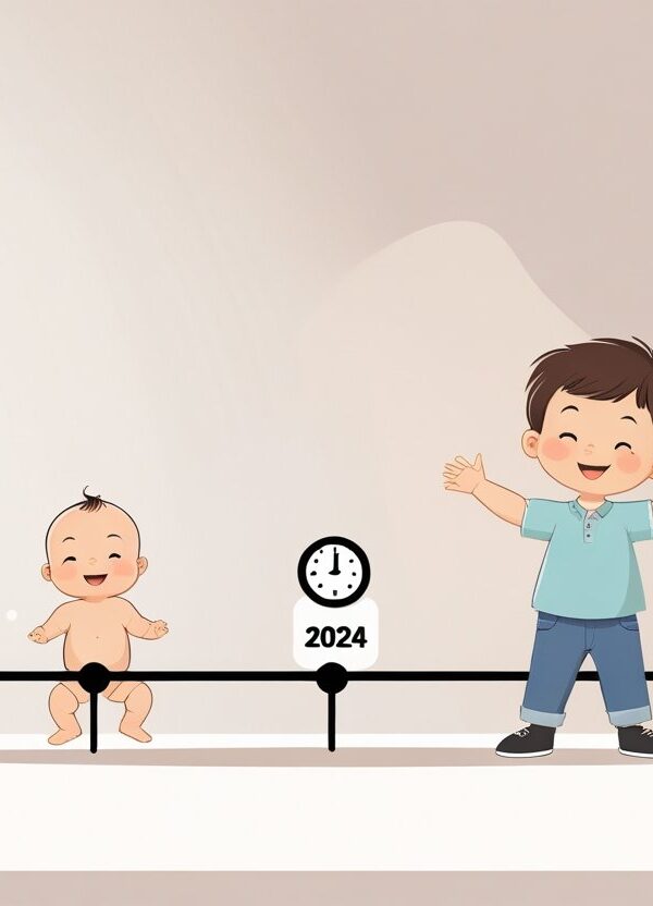 Linha do tempo mostrando um bebê em 2023 e uma criança de três anos em 2026, representando a passagem do tempo.