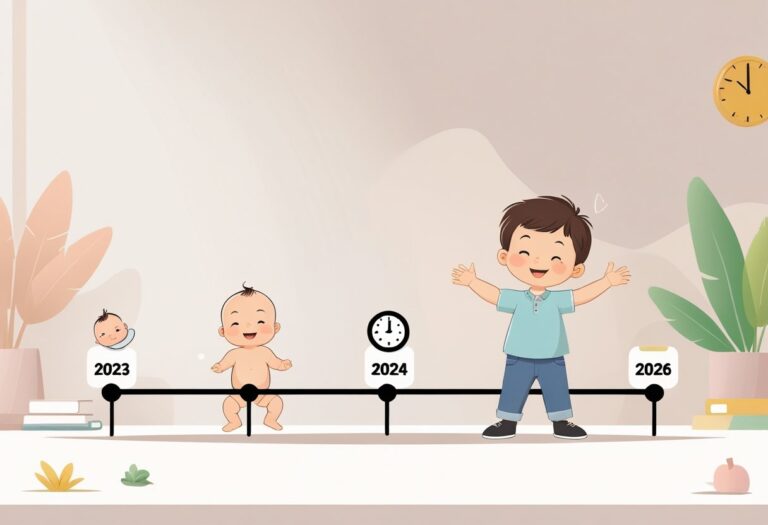 Linha do tempo mostrando um bebê em 2023 e uma criança de três anos em 2026, representando a passagem do tempo.