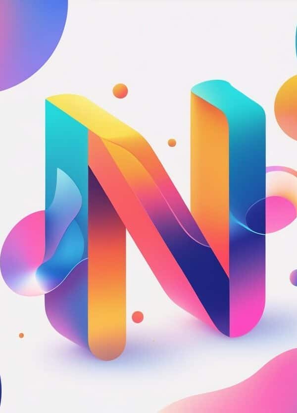 Uma composição abstrata com cores vibrantes que se misturam suavemente, formando uma forma que lembra a letra N, em um fundo limpo e minimalista.