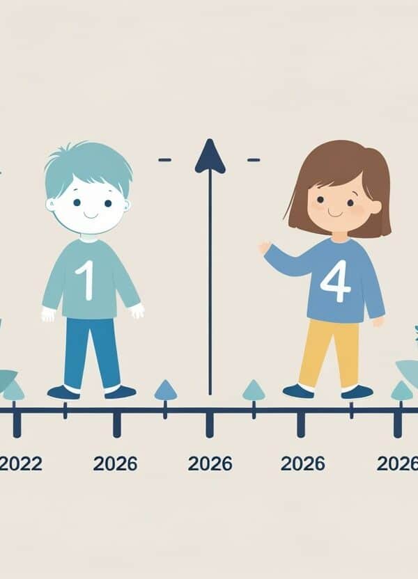 Linha do tempo mostrando o nascimento em 2022 e uma criança com quatro anos em 2026.