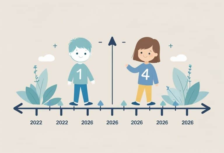 Linha do tempo mostrando o nascimento em 2022 e uma criança com quatro anos em 2026.