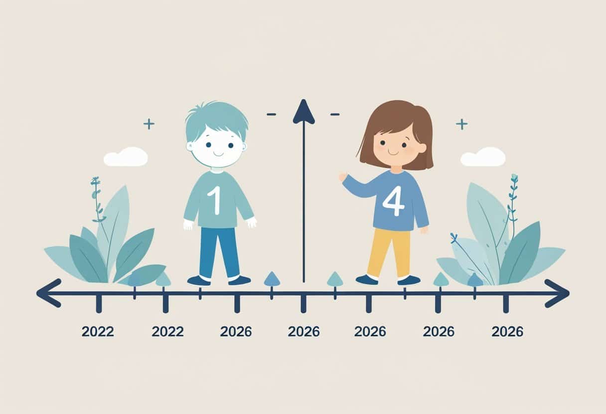 Linha do tempo mostrando o nascimento em 2022 e uma criança com quatro anos em 2026.