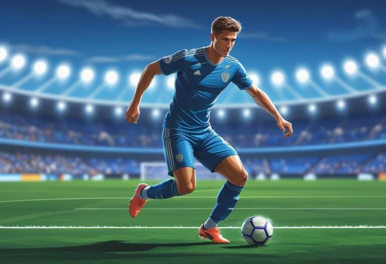 Jogador de futebol masculino driblando a bola em um campo de futebol com estádio ao fundo.