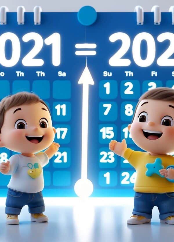Criança crescendo de bebê em 2021 para criança de 5 anos em 2026 com calendário e linha do tempo mostrando a passagem dos anos.