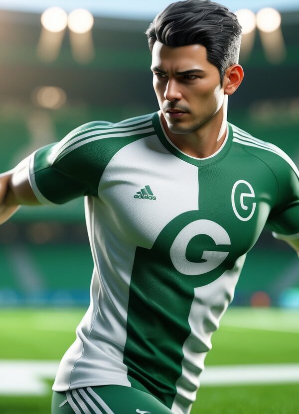 Jogador de futebol em ação vestindo uniforme verde com um design que inclui a letra G integrada na roupa, em campo de futebol com gramado verde.